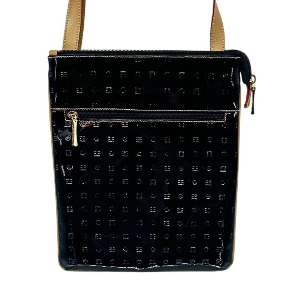 Arcadia Crossbody Bag Women Black Patent Leather Embossed Logo Made in Italy